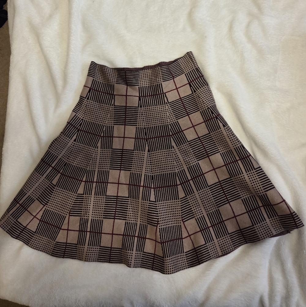 Max Studio Beige and Black Plaid Circle Skirt with Burgundy Accents
